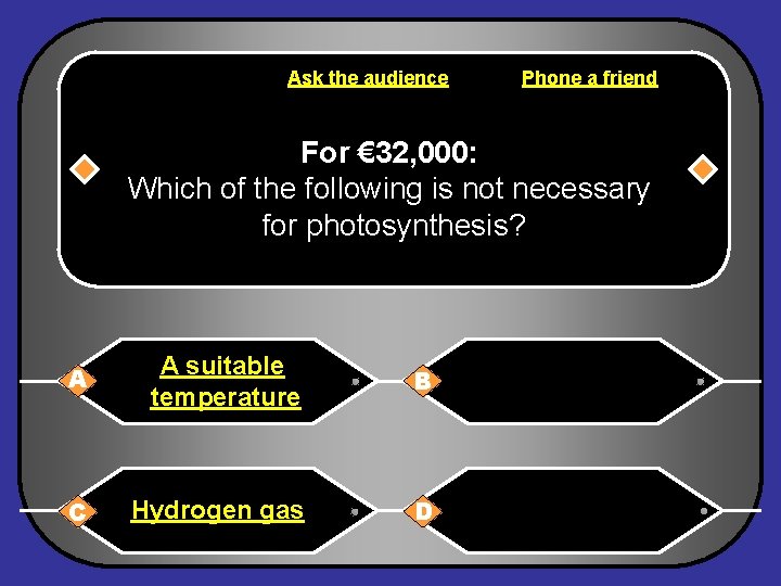 Ask the audience Phone a friend For € 32, 000: Which of the following