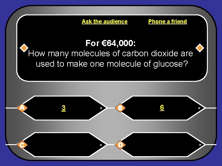 Ask the audience Phone a friend For € 64, 000: How many molecules of