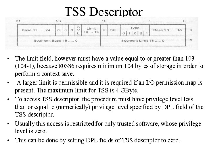 TSS Descriptor • The limit field, however must have a value equal to or
