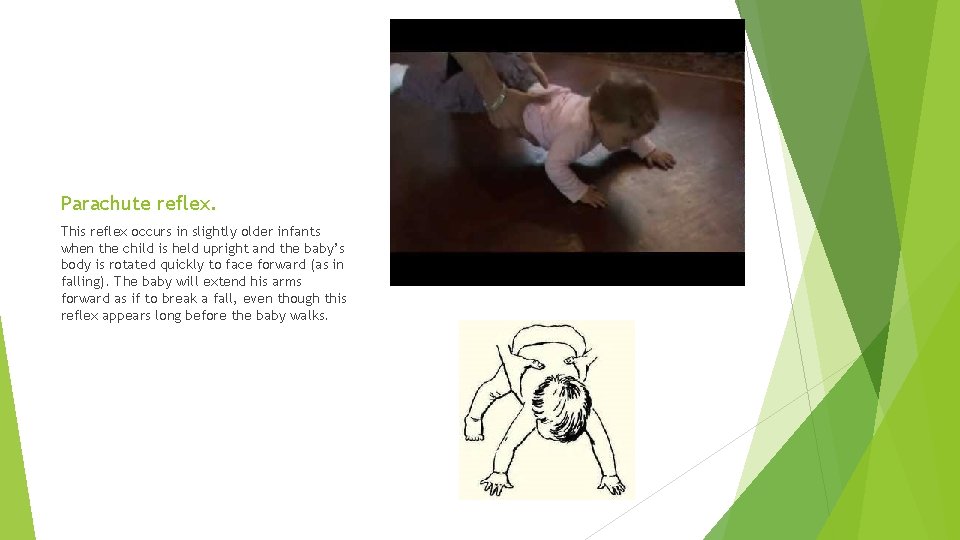 Parachute reflex. This reflex occurs in slightly older infants when the child is held