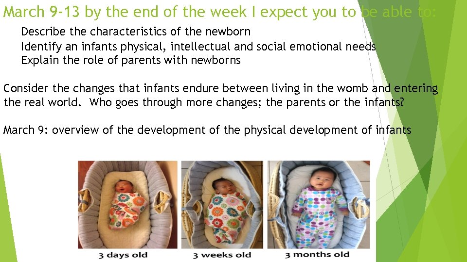 March 9 -13 by the end of the week I expect you to be