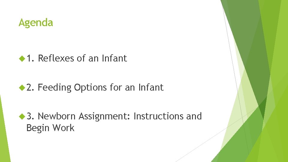 Agenda 1. Reflexes of an Infant 2. Feeding Options for an Infant 3. Newborn