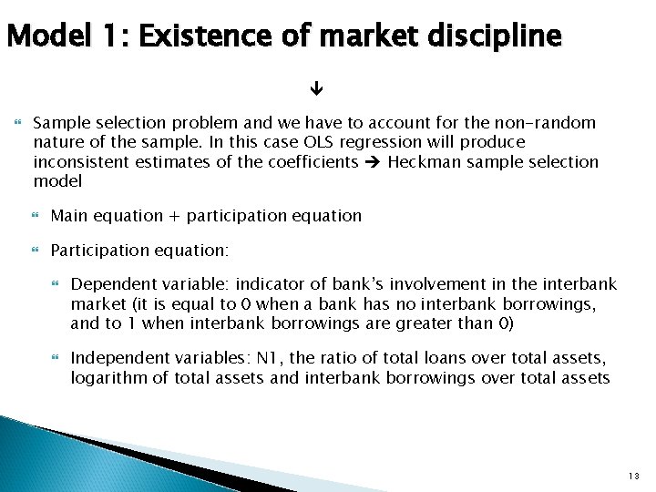 Model 1: Existence of market discipline Sample selection problem and we have to account