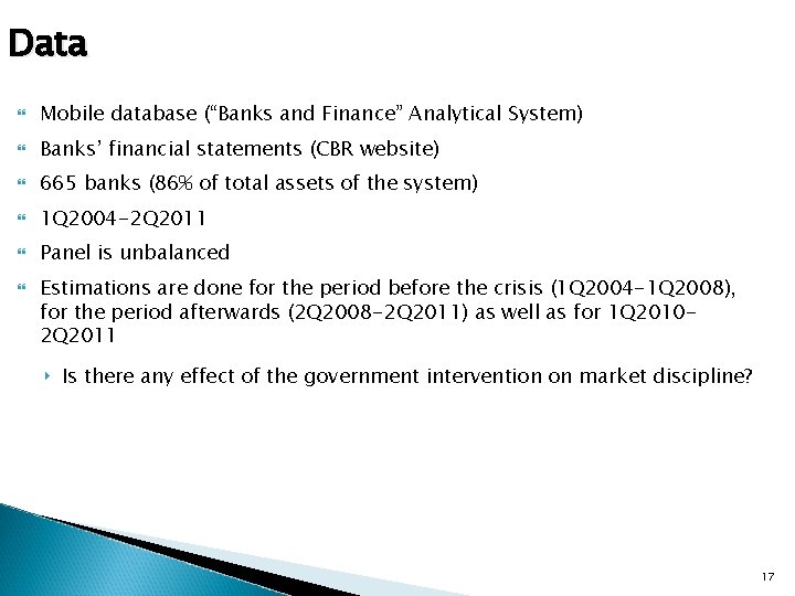 Data Mobile database (“Banks and Finance” Analytical System) Banks’ financial statements (CBR website) 665