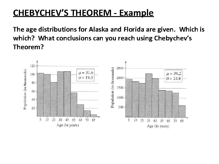 CHEBYCHEV’S THEOREM - Example The age distributions for Alaska and Florida are given. Which