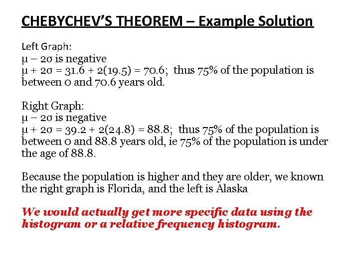 CHEBYCHEV’S THEOREM – Example Solution Left Graph: μ – 2σ is negative μ +