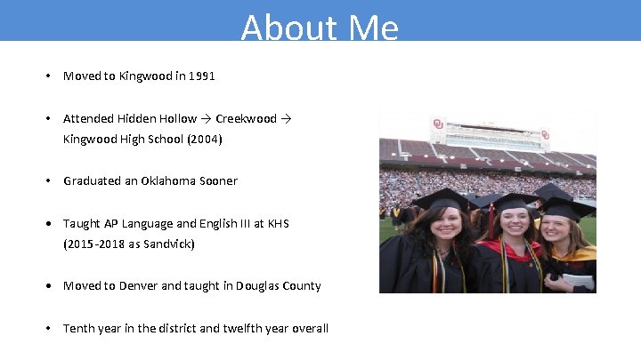 About Me • Moved to Kingwood in 1991 • Attended Hidden Hollow → Creekwood