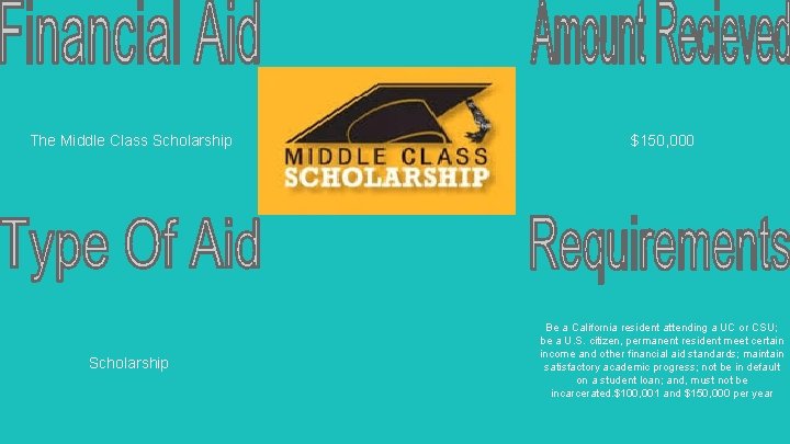 The Middle Class Scholarship $150, 000 Scholarship Be a California resident attending a UC
