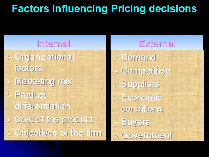 Factors influencing Pricing decisions Internal Ø Organizational factors Ø Marketing mix Ø Product differentiation