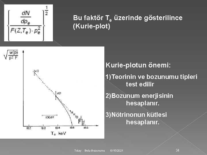 Bu faktör Te üzerinde gösterilince (Kurie-plot) Kurie-plotun önemi: 1)Teorinin ve bozunumu tipleri test edilir