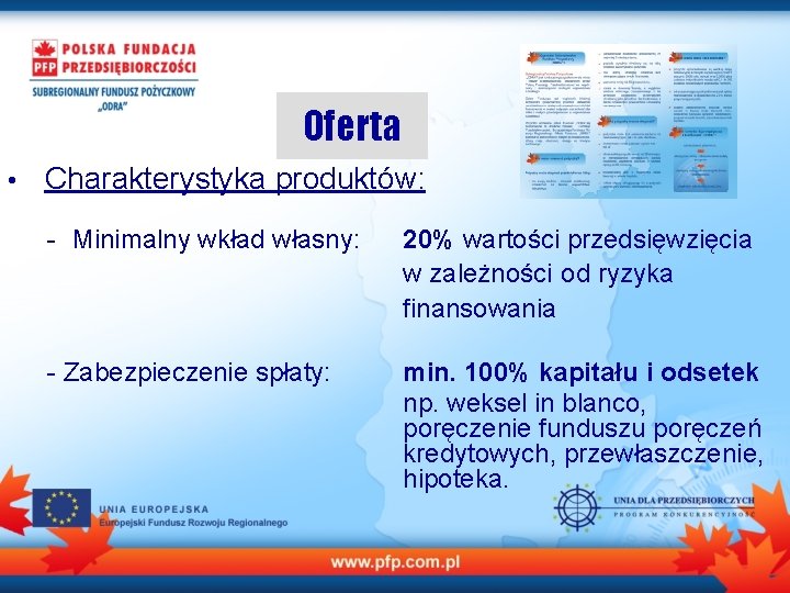 Oferta • Charakterystyka produktów: - Minimalny wkład własny: 20% wartości przedsięwzięcia w zależności od