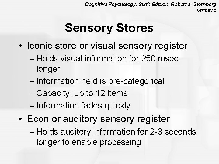 Cognitive Psychology, Sixth Edition, Robert J. Sternberg Chapter 5 Sensory Stores • Iconic store