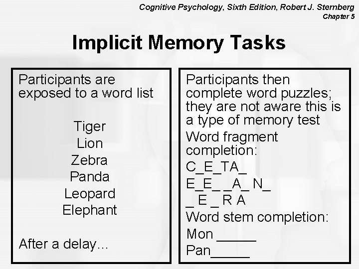 Cognitive Psychology, Sixth Edition, Robert J. Sternberg Chapter 5 Implicit Memory Tasks Participants are