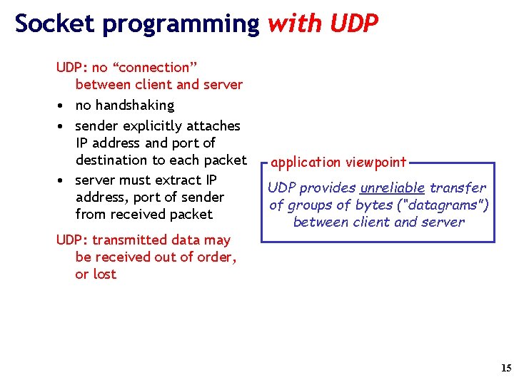 Socket programming with UDP: no “connection” between client and server • no handshaking •