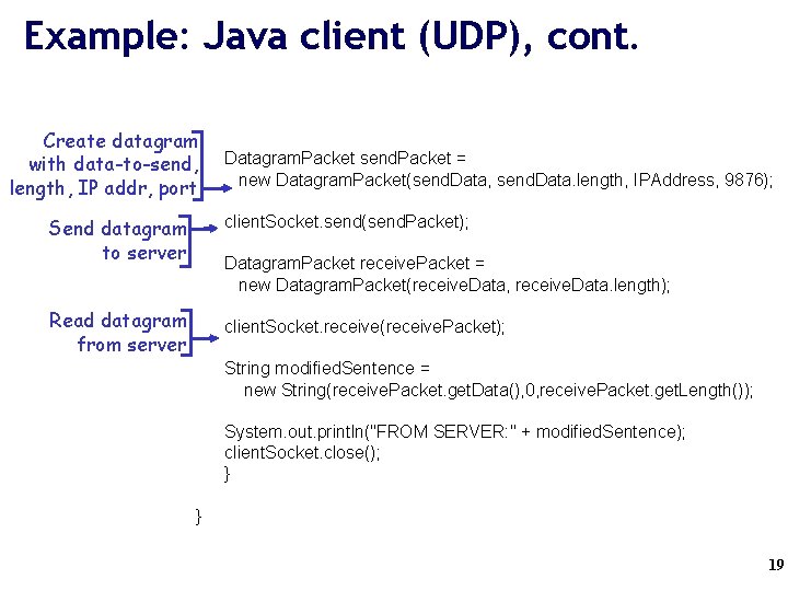 Example: Java client (UDP), cont. Create datagram with data-to-send, length, IP addr, port Datagram.