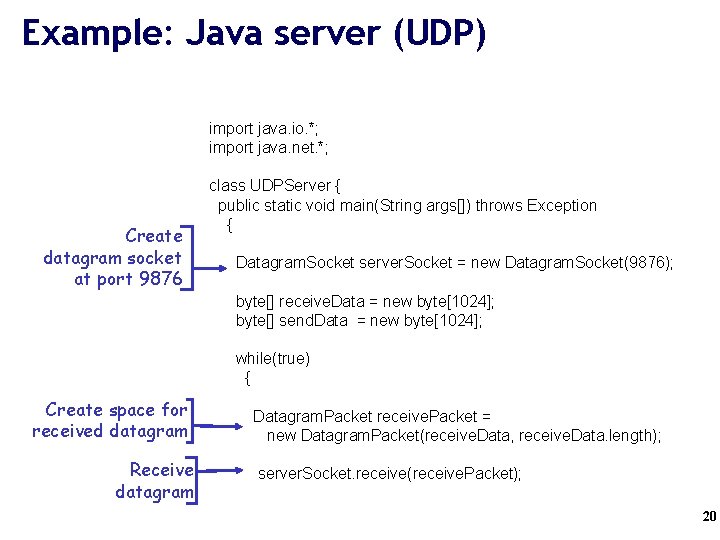 Example: Java server (UDP) import java. io. *; import java. net. *; Create datagram