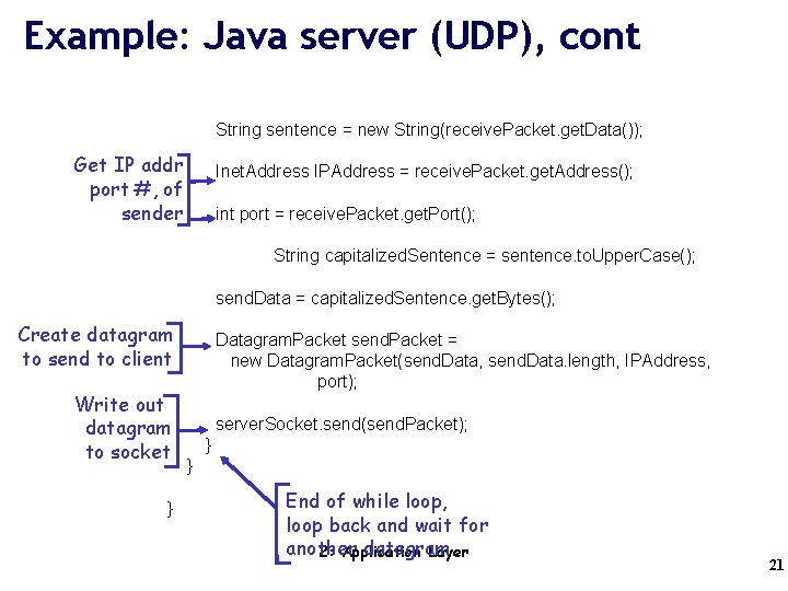 Example: Java server (UDP), cont String sentence = new String(receive. Packet. get. Data()); Get