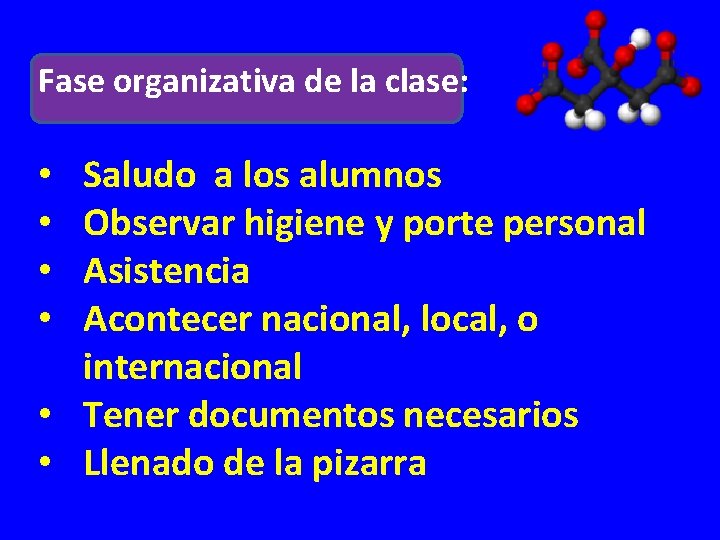 Fase organizativa de la clase: Saludo a los alumnos Observar higiene y porte personal