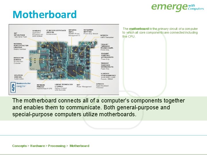 Motherboard The motherboard is the primary circuit of a computer to which all core