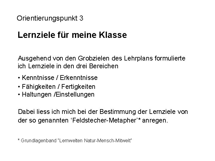 Orientierungspunkt 3 Lernziele für meine Klasse Ausgehend von den Grobzielen des Lehrplans formulierte ich