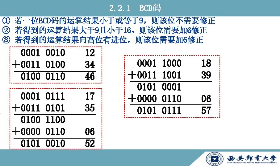 2. 2. 1 BCD码 ① 若一位BCD码的运算结果小于或等于9，则该位不需要修正 ② 若得到的运算结果大于9且小于16，则该位需要加 6修正 ③ 若得到的运算结果向高位有进位，则该位需要加 6修正 0001 0010