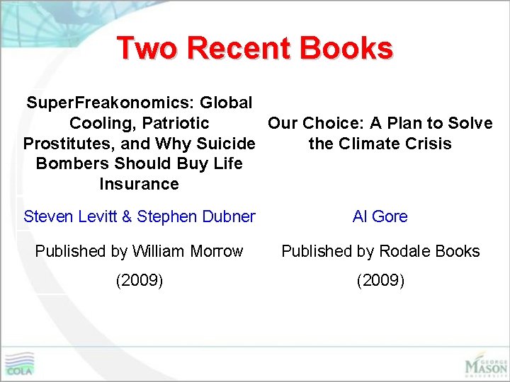 Two Recent Books Super. Freakonomics: Global Cooling, Patriotic Our Choice: A Plan to Solve