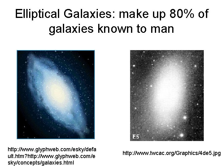 Elliptical Galaxies: make up 80% of galaxies known to man http: //www. glyphweb. com/esky/defa