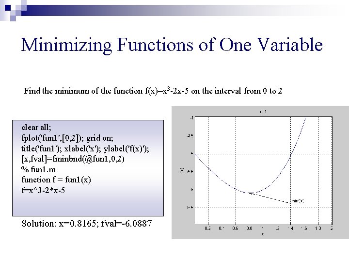 Minimizing Functions of One Variable Find the minimum of the function f(x)=x 3 -2