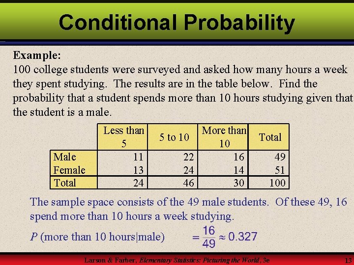 Conditional Probability Example: 100 college students were surveyed and asked how many hours a