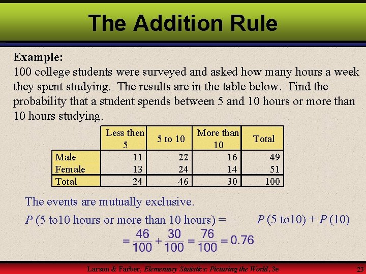 The Addition Rule Example: 100 college students were surveyed and asked how many hours