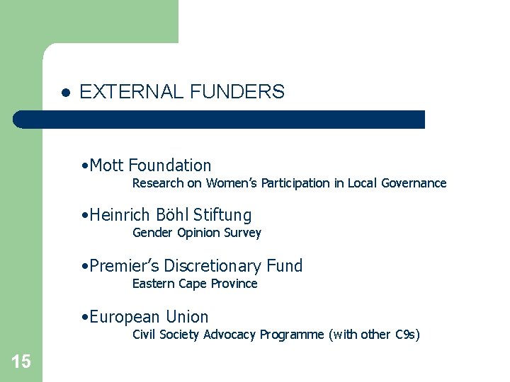 l EXTERNAL FUNDERS • Mott Foundation Research on Women’s Participation in Local Governance •