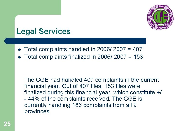 Legal Services l l Total complaints handled in 2006/ 2007 = 407 Total complaints
