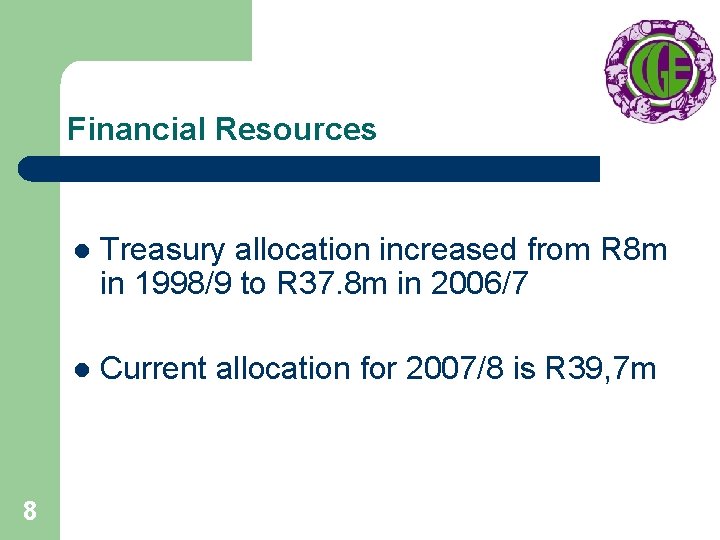 Financial Resources 8 l Treasury allocation increased from R 8 m in 1998/9 to