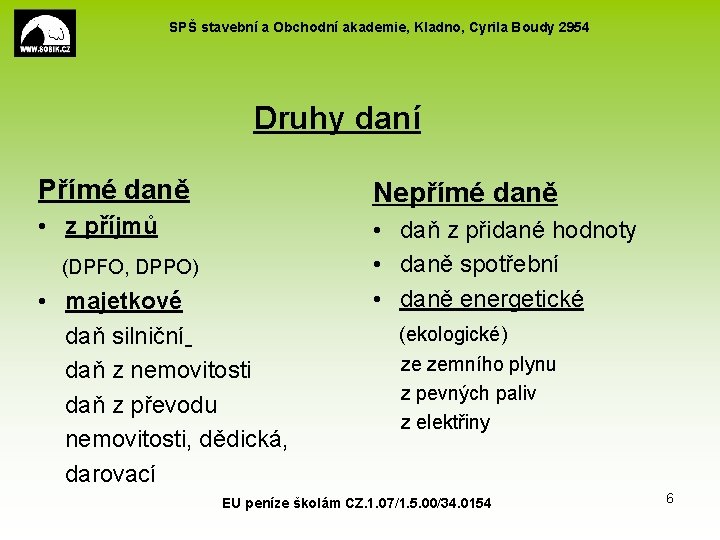 SPŠ stavební a Obchodní akademie, Kladno, Cyrila Boudy 2954 Druhy daní Přímé daně Nepřímé