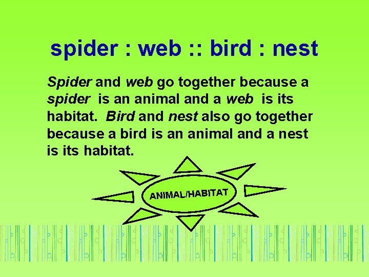 spider : web : : bird : nest Spider and web go together because