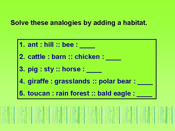 Solve these analogies by adding a habitat. 1. ant : hill : : bee