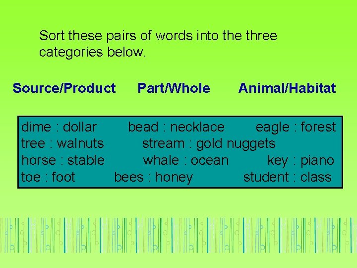 Sort these pairs of words into the three categories below. Source/Product Part/Whole Animal/Habitat dime