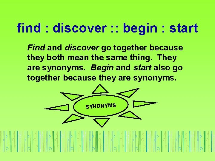 find : discover : : begin : start Find and discover go together because