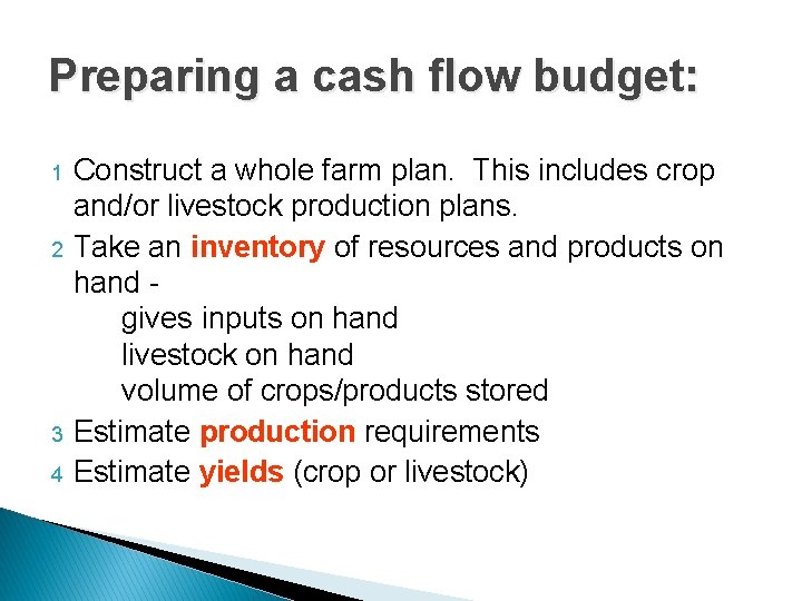 Preparing a cash flow budget: 1 2 3 4 Construct a whole farm plan.