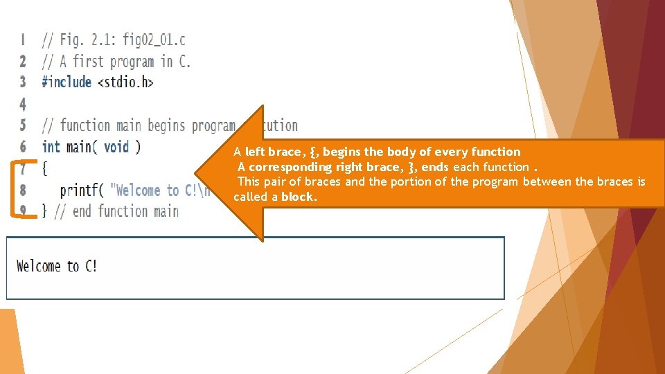 A left brace, {, begins the body of every function A corresponding right brace,