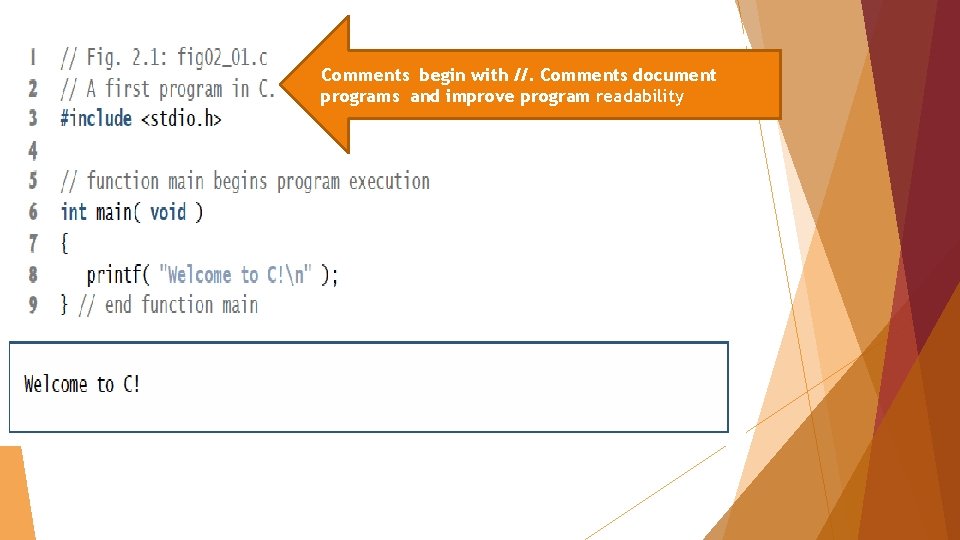 Comments begin with //. Comments document programs and improve program readability 