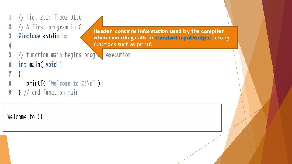 Header contains information used by the compiler when compiling calls to standard input/output library