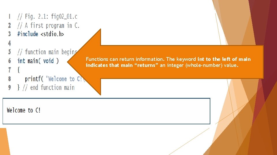 Functions can return information. The keyword int to the left of main indicates that