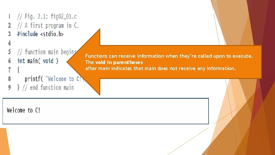 Functions can receive information when they’re called upon to execute. The void in parentheses