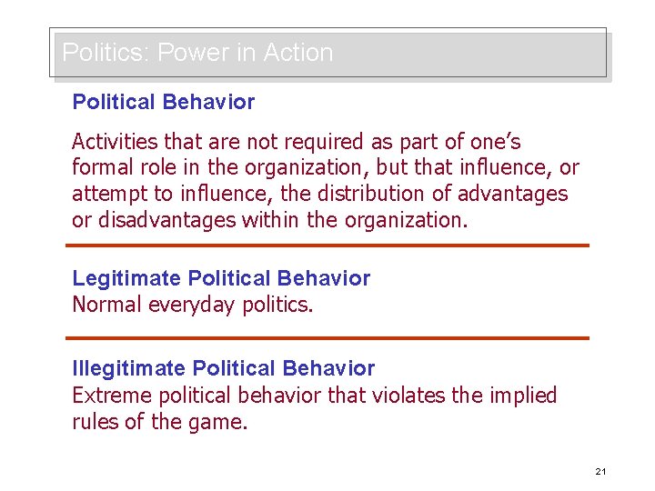 Politics: Power in Action Political Behavior Activities that are not required as part of