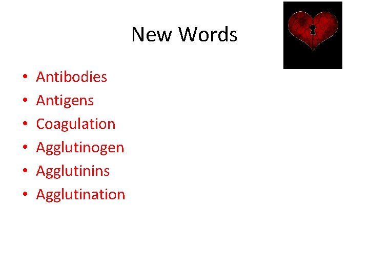 New Words • • • Antibodies Antigens Coagulation Agglutinogen Agglutinins Agglutination 