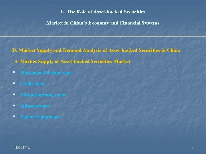 I. The Role of Asset-backed Securities Market in China’s Economy and Financial Systems D.