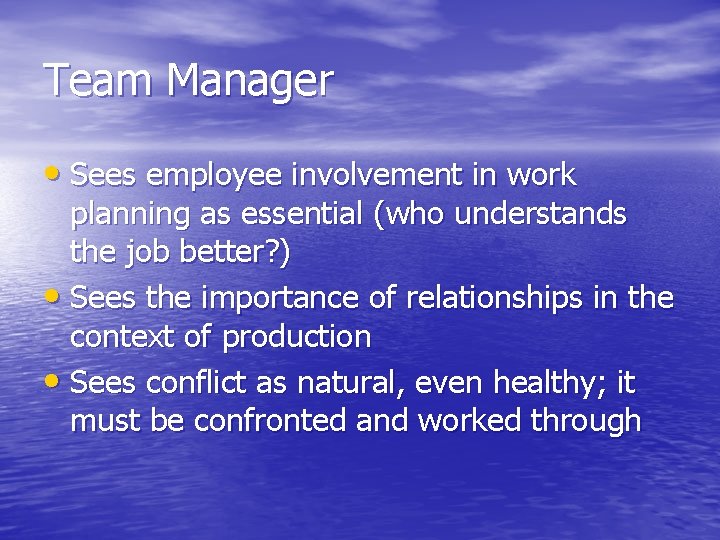 Team Manager • Sees employee involvement in work planning as essential (who understands the