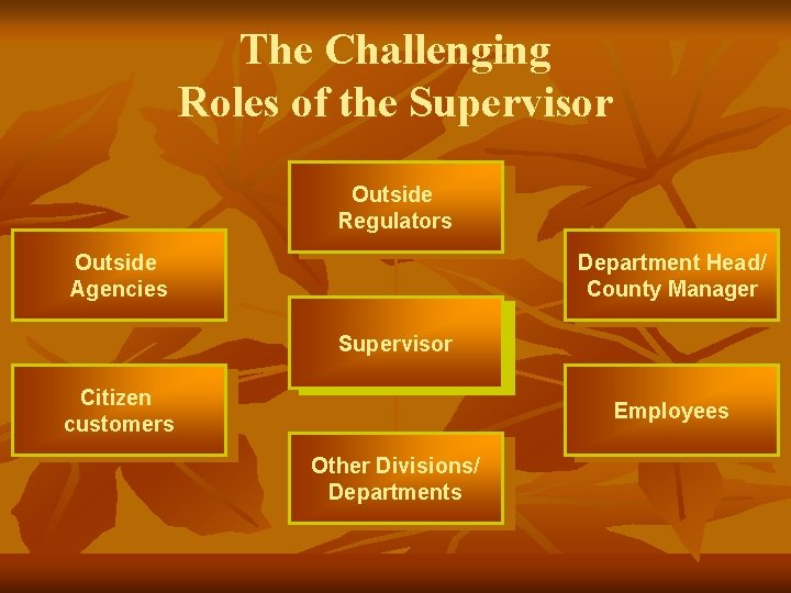 The Challenging Roles of the Supervisor Outside Regulators Outside Agencies Department Head/ County Manager
