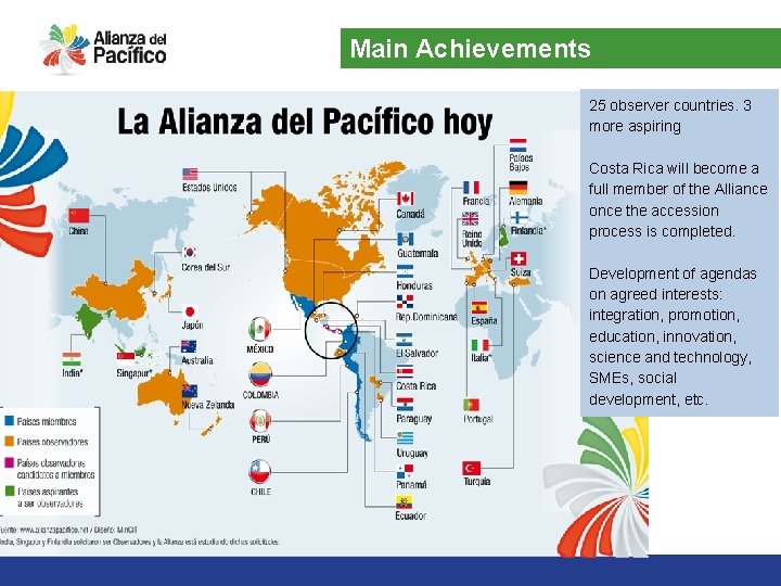 Main Achievements 25 observer countries. 3 more aspiring Costa Rica will become a full